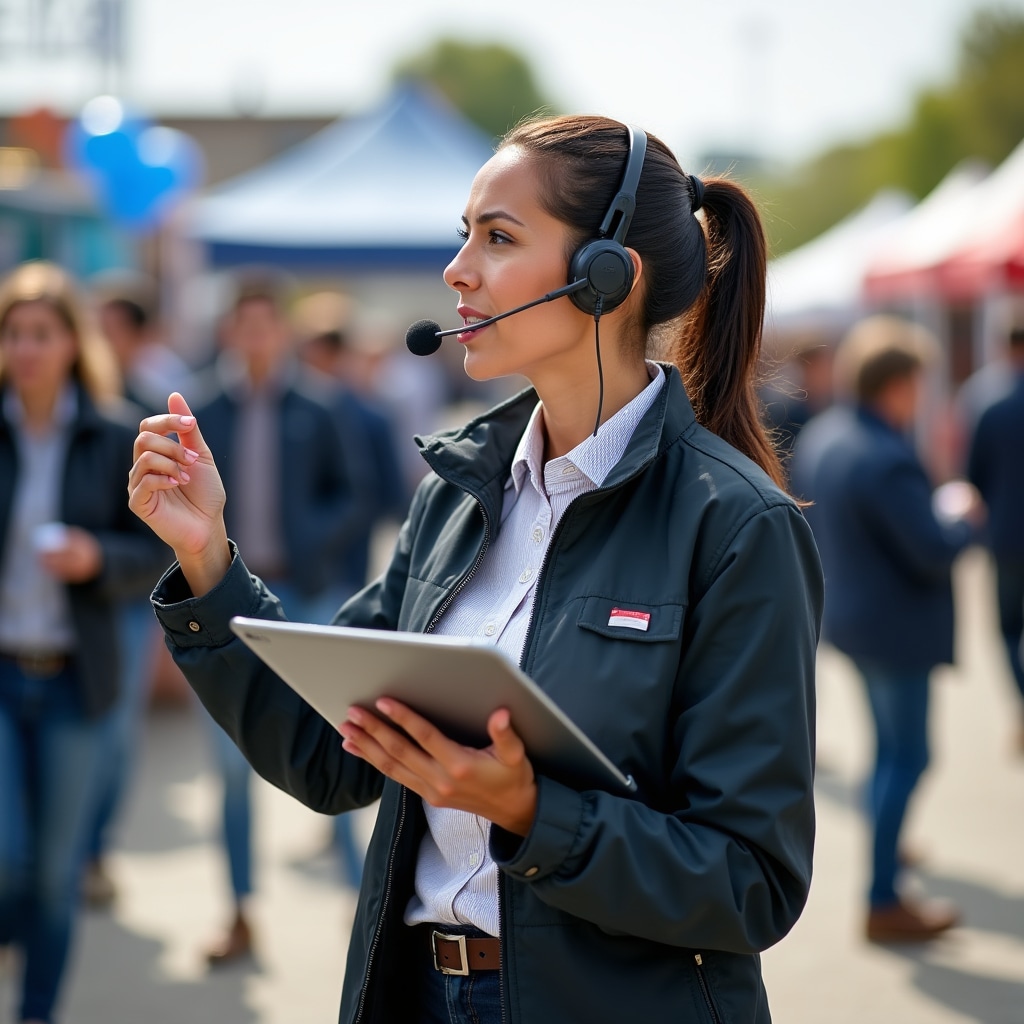 Professional woman coordinating event operations with headset