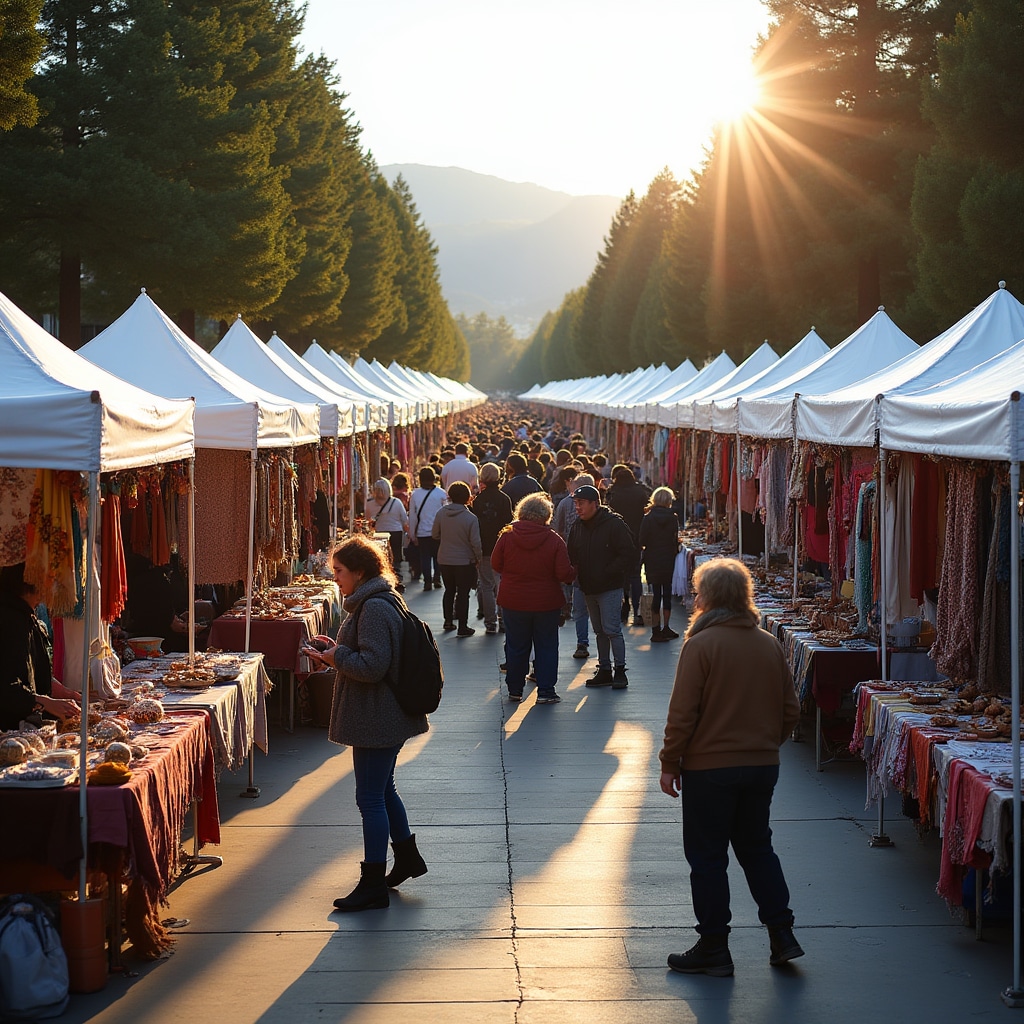Vibrant outdoor artisan fair with colorful vendor booths