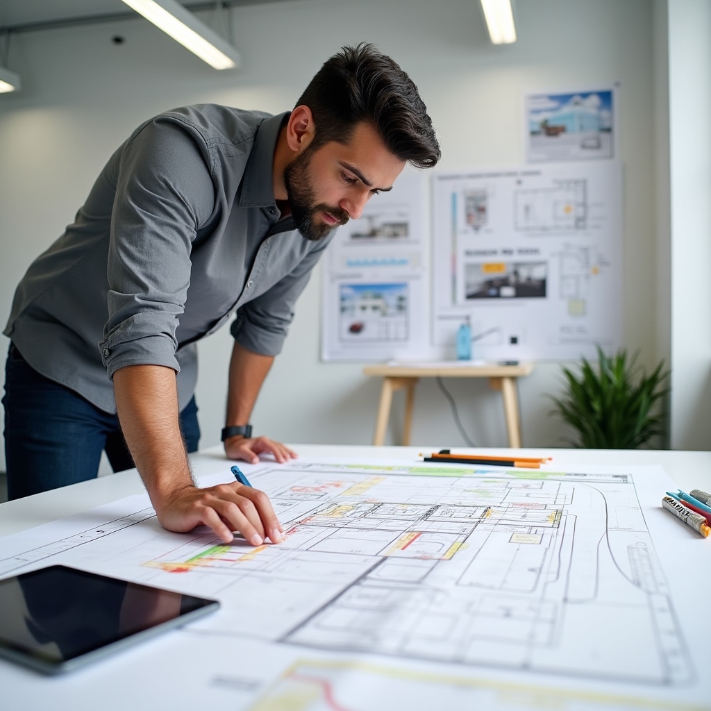 Male site planner reviewing booth layout blueprints