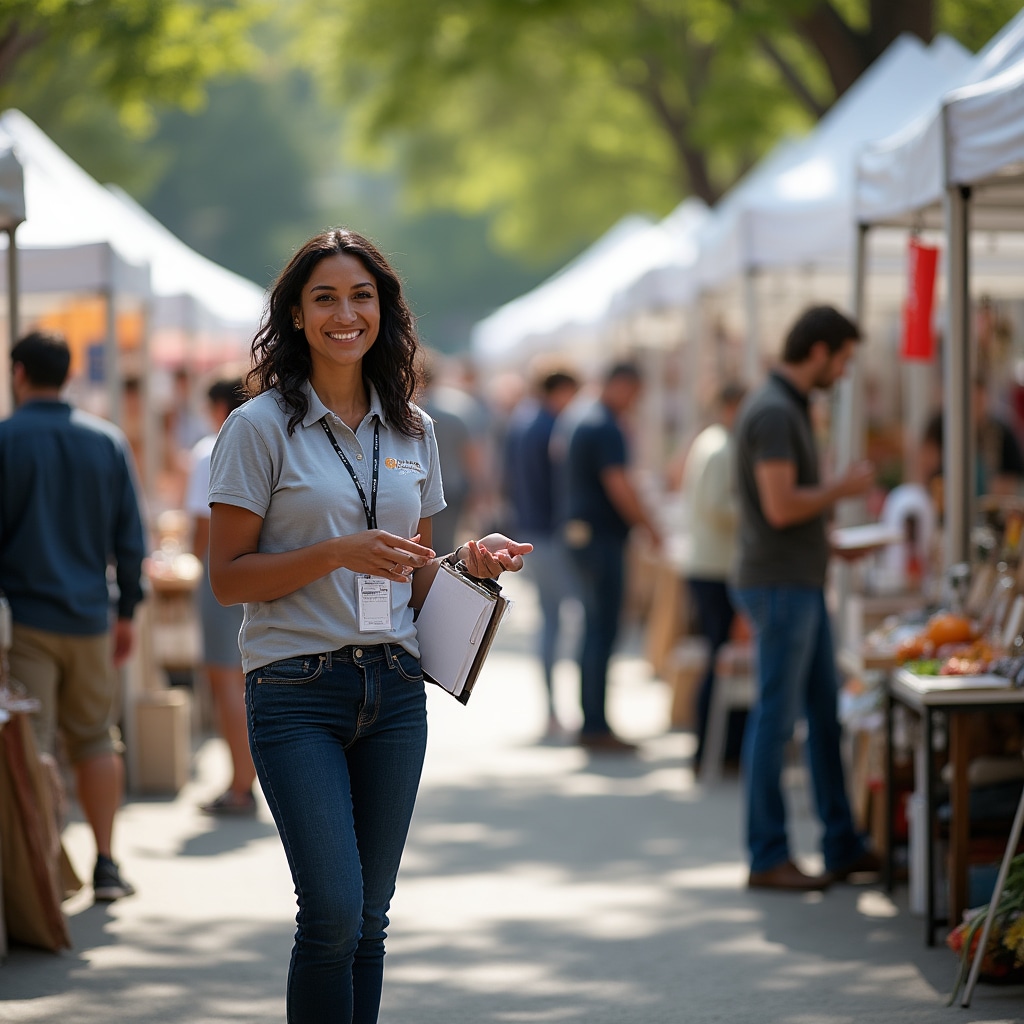 Professional woman managing vendor communications at outdoor event