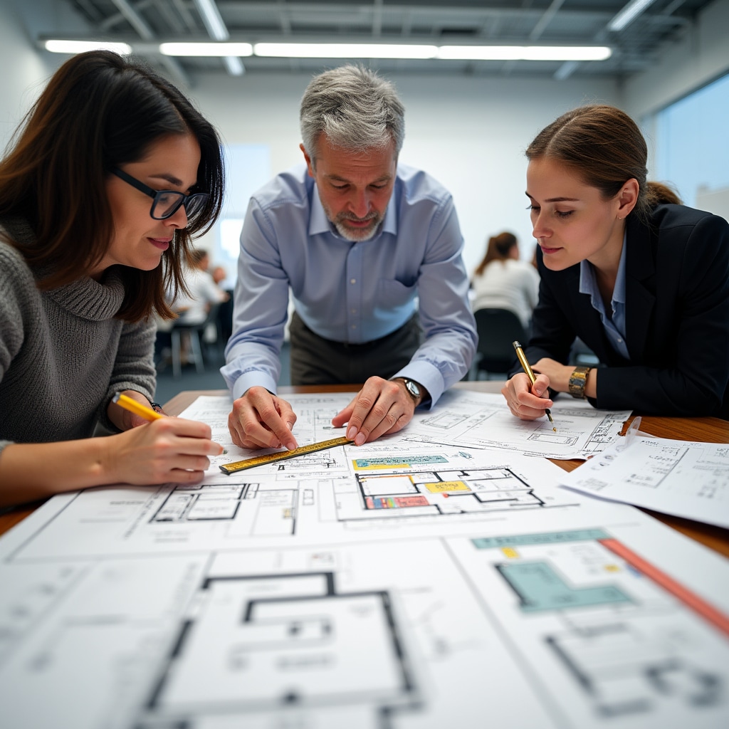 Workshop participants reviewing event site layout and booth configurations